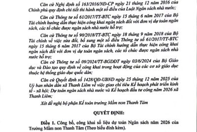 Quyết định Về việc công bố công khai dự toán ngân sách năm 2026 của Trường Mầm non Thanh Tâm